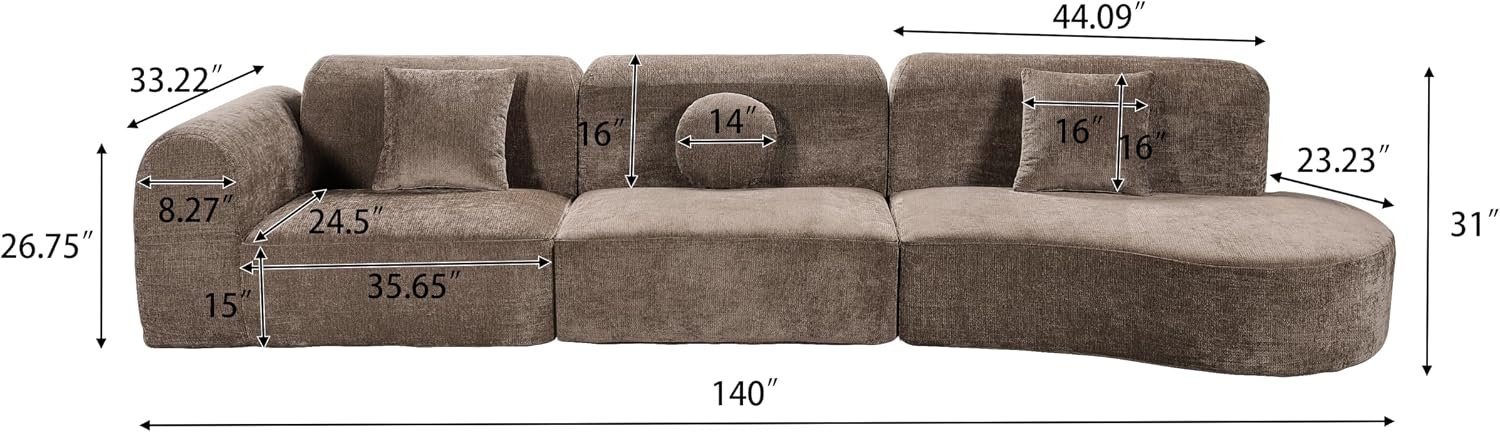 Christopher Knight Home Grelyn 140' Modular Sectional Sofa Couch, Wool Fabric Boneless Cloud Couch, Fully Compressed Home Sofa Living Room, 3-Piece Lounge Sofa with Chaise, Fully Assembled, Brown