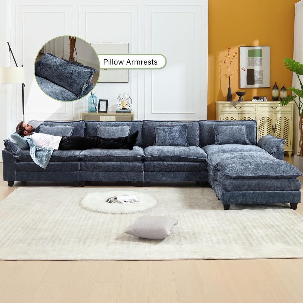 Oprisen 154' Modular Sectional Sofa, Comfy Cloud Couch Sectional Sofa with Ottoman, Chenille Sofa Sleeper Deep Seat Sofa with Throw Pillows for Living Room (Blue, 154'- U Shape)