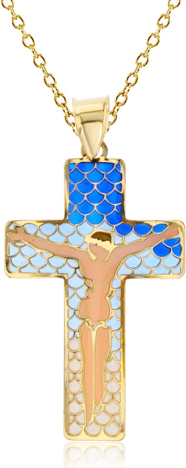 DECADENCE 14K Yellow Gold Solid Crucifix Religious Cross Enamel Necklace For Women With a 14K Gold 18' Cable Chain