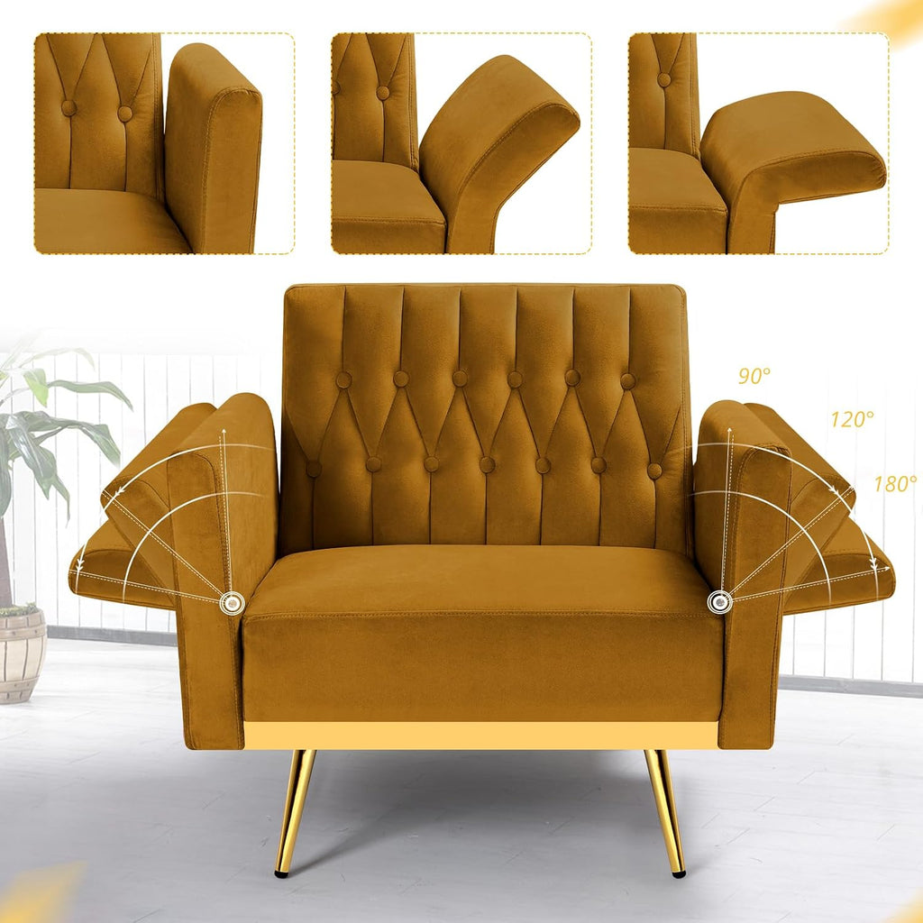 Velvet Accent Chair with Adjustable Armrests and Backrest, Button Tufted Lounge Chair, Single Recliner Armchair with Ottoman and Pillow for Living Room, Bedroom, Ginger