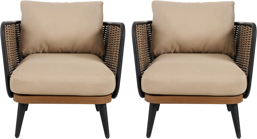 Christopher Knight Home Xayah Patio Wicker Accent Chair Set of 2, Outdoor Lounge Chair with Water-Resistant Cushion, Woven Faux Rattan Backrest & Armrest, Sturdy Metal Frame Armchair, Brown + Khaki