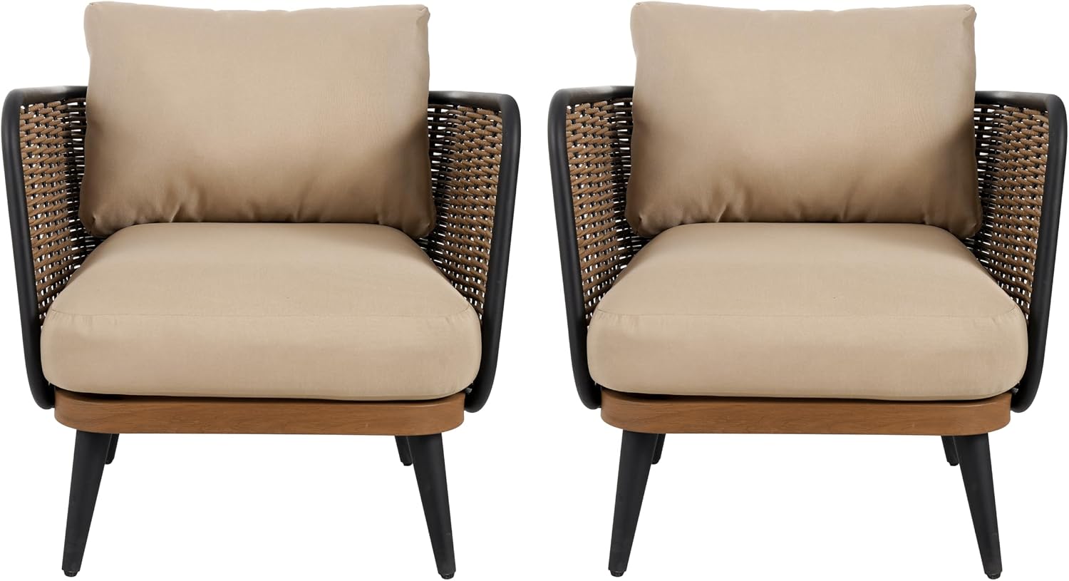 Christopher Knight Home Xayah Patio Wicker Accent Chair Set of 2, Outdoor Lounge Chair with Water-Resistant Cushion, Woven Faux Rattan Backrest & Armrest, Sturdy Metal Frame Armchair, Brown + Khaki