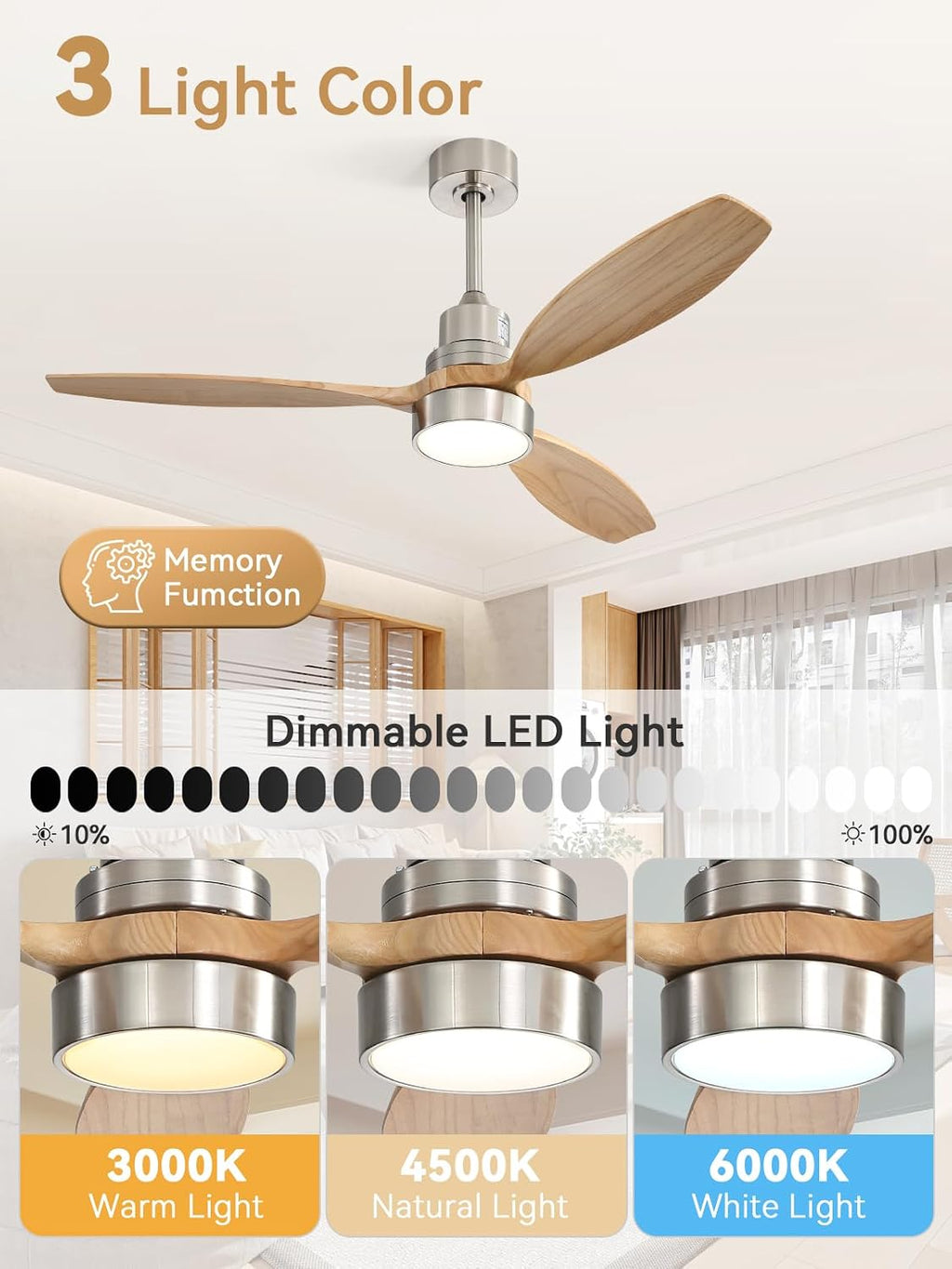 Sofucor Ceiling Fan with Lights, 52 Inch Low Profile Flush Mount Mordern Wood Ceiling Fan with Remote for Indoor Farmhouse Bedroom Living Room Outdoor Patio Porch, Reversible DC Motor, Noiseless