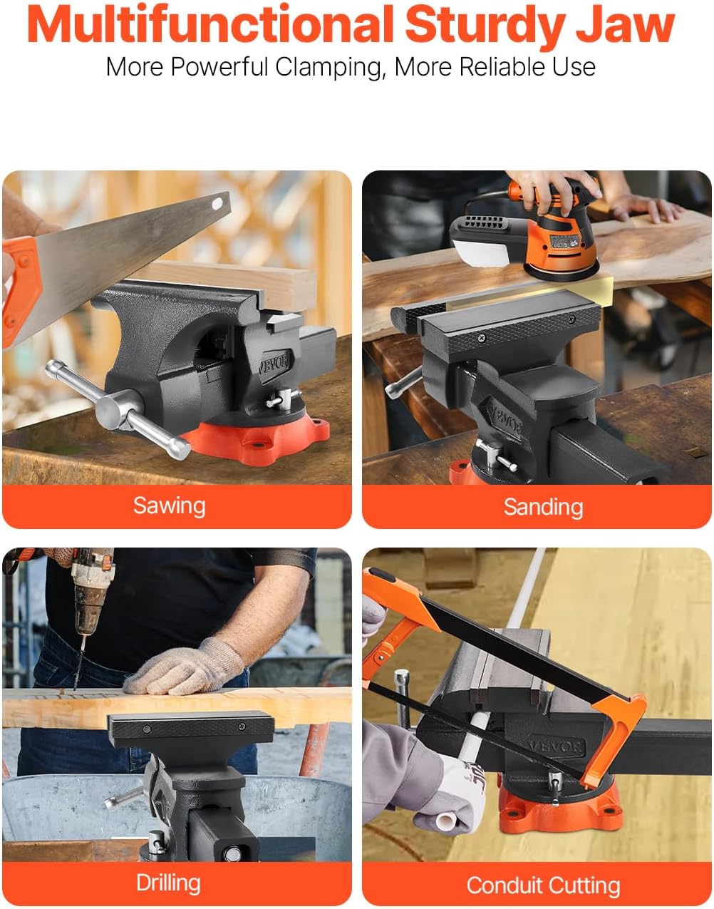 VEVOR Bench Vise, 8' Jaw Width, 8' Max Jaw Opening Multipurpose Vise with 360° Swivel Locking Base, 3.7' Throat Depth, Heavy Duty Ductile Iron Workbench Vise, Two-Way Jaws for Clamping Round Pipes