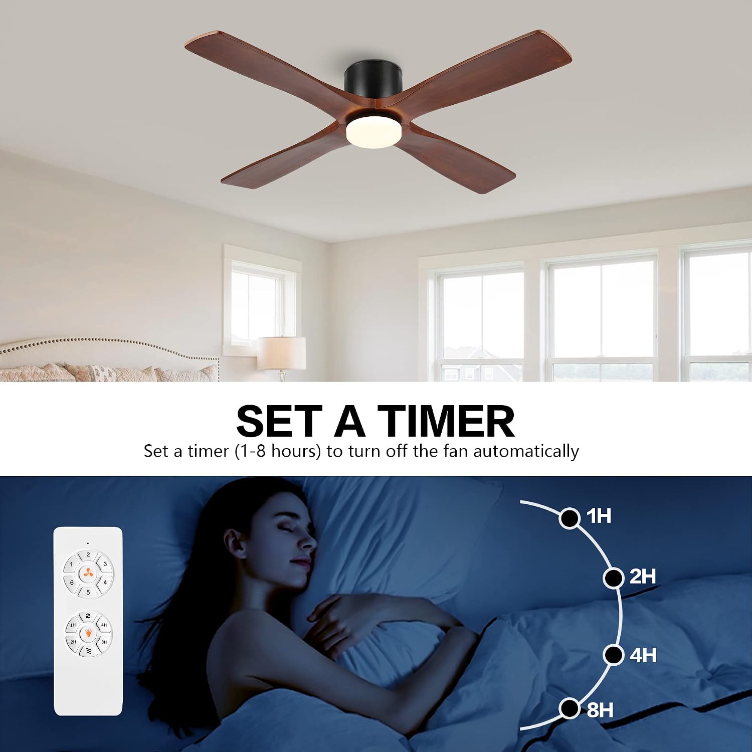 WINGBO 48 Inch Flush Mount DC Ceiling Fan with Lights and Remote, 4 Reversible Carved Wood Blades, 6-Speed Noiseless DC Motor, Hugger Ceiling Fan in Matte Black Finish with Walnut Blades