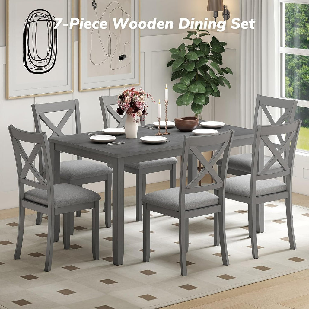 Zevemomo 7-Piece Solid Wood Dining Table Set with 6 Upholstered Chairs, Space Saving Dinner Table & Chairs Set, Farmhouse Wooden Legs Dining Table Set for Living Room, Kitchen, Grey