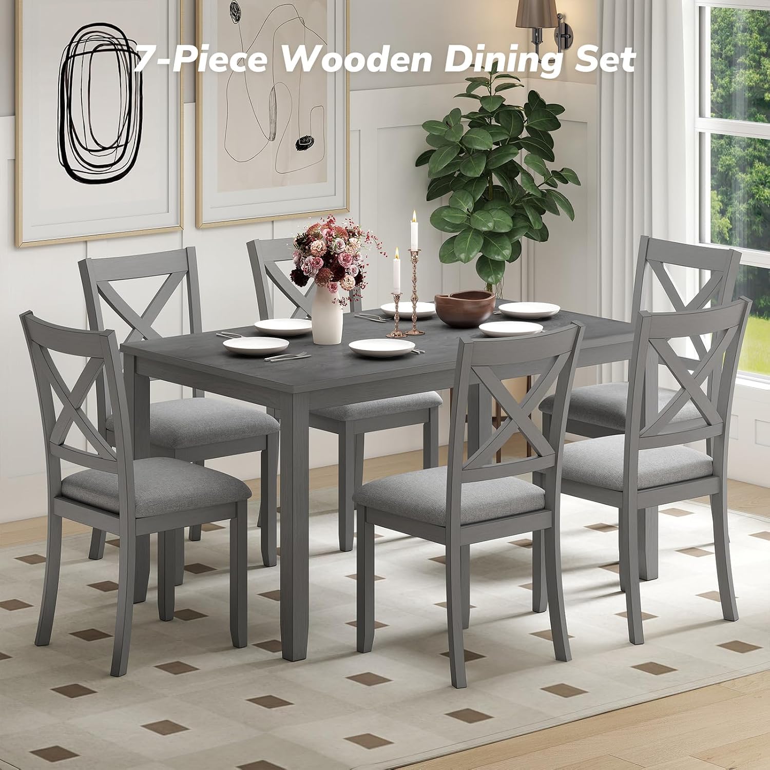 Zevemomo 7-Piece Solid Wood Dining Table Set with 6 Upholstered Chairs, Space Saving Dinner Table & Chairs Set, Farmhouse Wooden Legs Dining Table Set for Living Room, Kitchen, Grey
