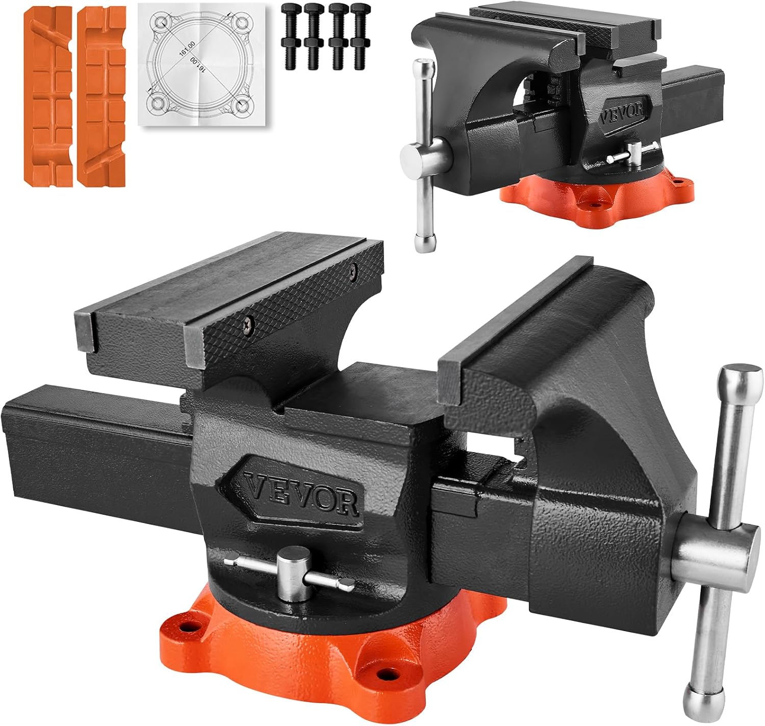 VEVOR Bench Vise, 8' Jaw Width, 8' Max Jaw Opening Multipurpose Vise with 360° Swivel Locking Base, 3.7' Throat Depth, Heavy Duty Ductile Iron Workbench Vise, Two-Way Jaws for Clamping Round Pipes