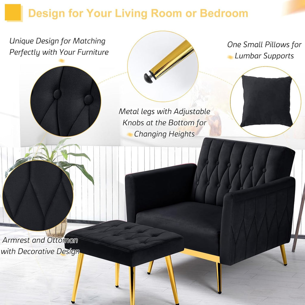 Velvet Accent Chair with Adjustable Armrests and Backrest, Button Tufted Lounge Chair, Single Recliner Armchair with Ottoman and Pillow for Living Room, Bedroom, Black