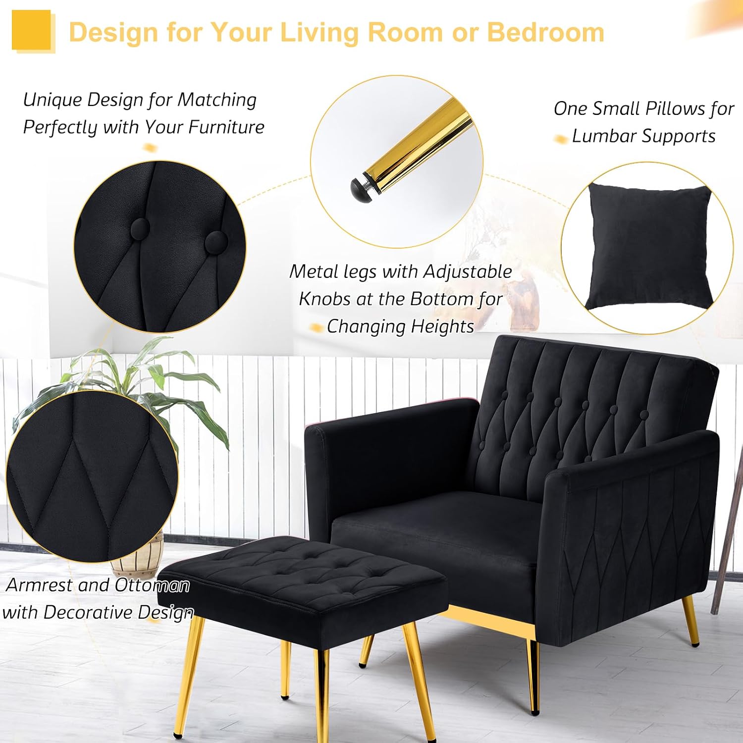 Velvet Accent Chair with Adjustable Armrests and Backrest, Button Tufted Lounge Chair, Single Recliner Armchair with Ottoman and Pillow for Living Room, Bedroom, Black
