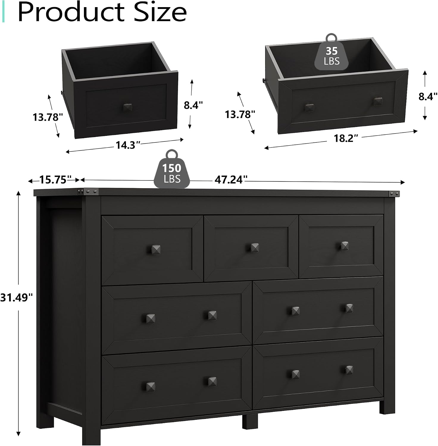 7 Drawer Dresser for Bedroom, Farmhouse Wood Chest of Drawers, Wide TV Stand Closet Storage Furniture with Metal Handle, Modern Wooden Clothes Organizer for Hallway, Living Room, Entryway, Black