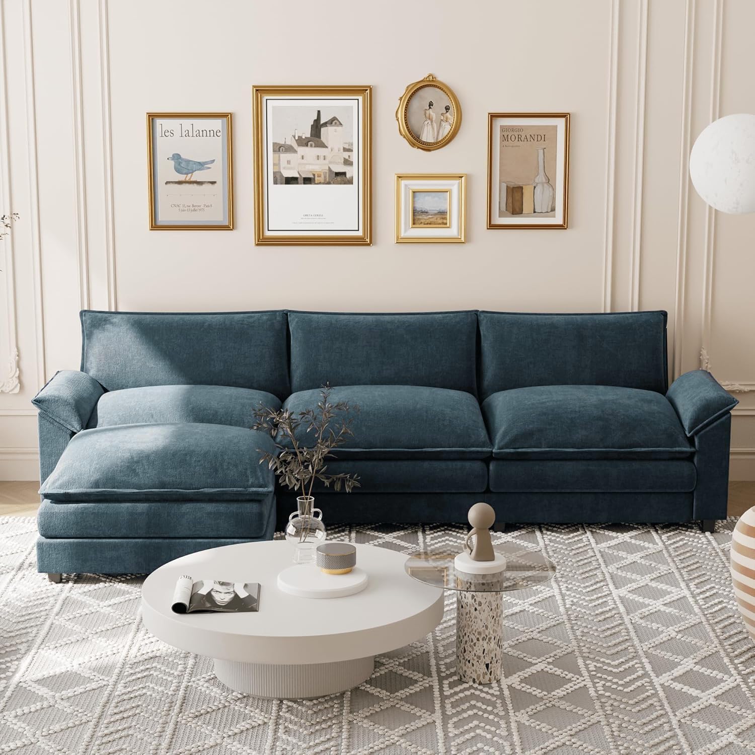 Shahoo Sectional Modular Sofa L Shaped Chenille Fabric Couch with High Supportive & Soft Sponges and Removable Ottoman, Sleeper Comfy Upholstered Furniture for Living Room, Blue