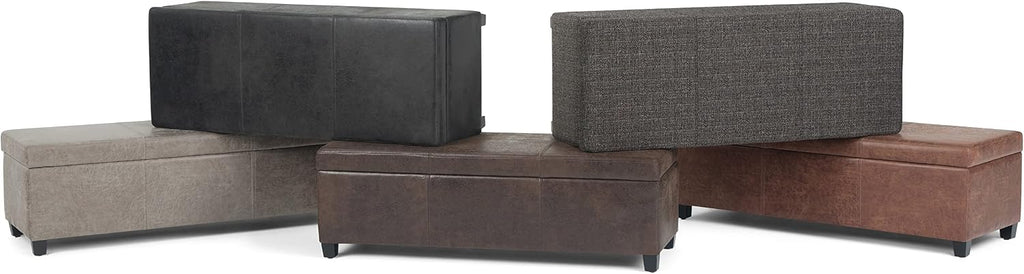 SIMPLIHOME Avalon Storage Ottoman Bench - 48' Wide x 16' High Upholstered Vegan Leather Rectangular Lift-Top Ottoman in Distressed Brown, Contemporary Bench for Living Room with High-Density Foam