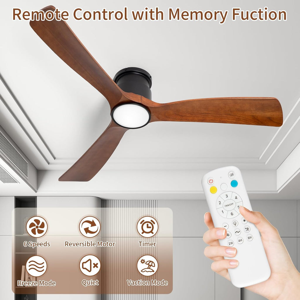 52inches Ceiling Fan with Lights,Wooden Flush Mount Ceiling Fans with Remote Control,Dimmable Light,3 CCT,6 Speeds,Noiseless DC Motor,Ceiling Fan for Bedroom,Living Room,Office,Indoor,Dark Brown