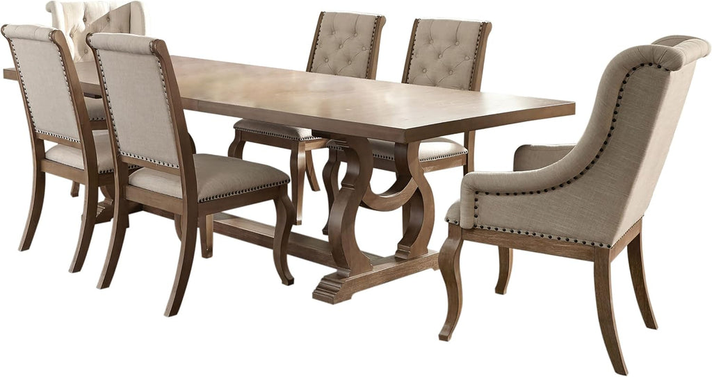 Coaster Home Furnishings - Brockway - 7-Piece Wood Dining Table Set - Double Pedestal Base, Table with Extension Leaf, Button-Tufted Chairs with Nailhead Trim - Dining Room - Barley Brown - 110291-S7