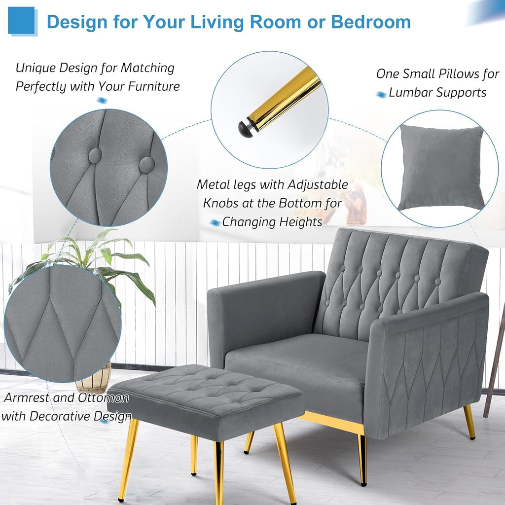 Velvet Accent Chair with Adjustable Armrests and Backrest, Button Tufted Lounge Chair, Single Recliner Armchair with Ottoman and Pillow for Living Room, Bedroom, Grey