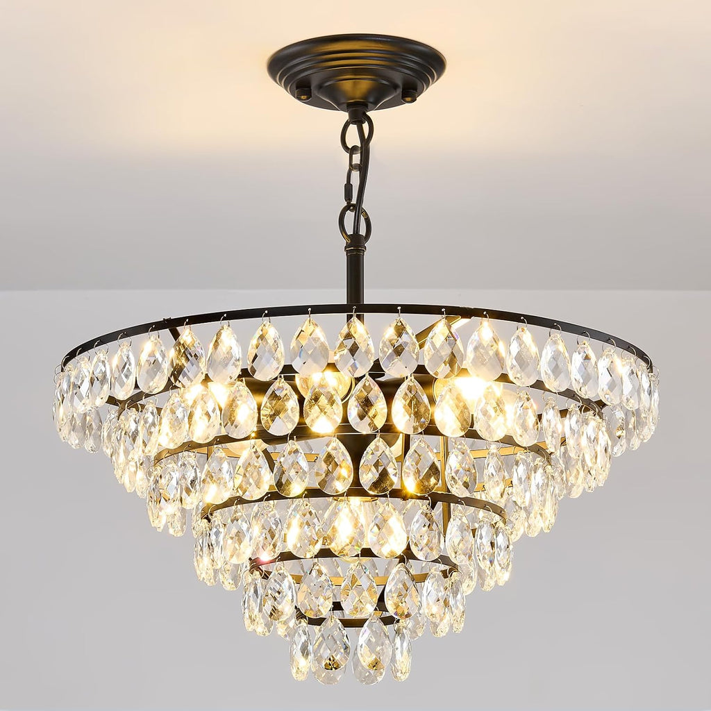 YYJLX Modern Crystal Chandelier 7 Light 20' Raindrop Black Ceiling Chandelier Adjustable Hanging Light Fixture for Dining Room Foyer Entryway Staircase Living Room