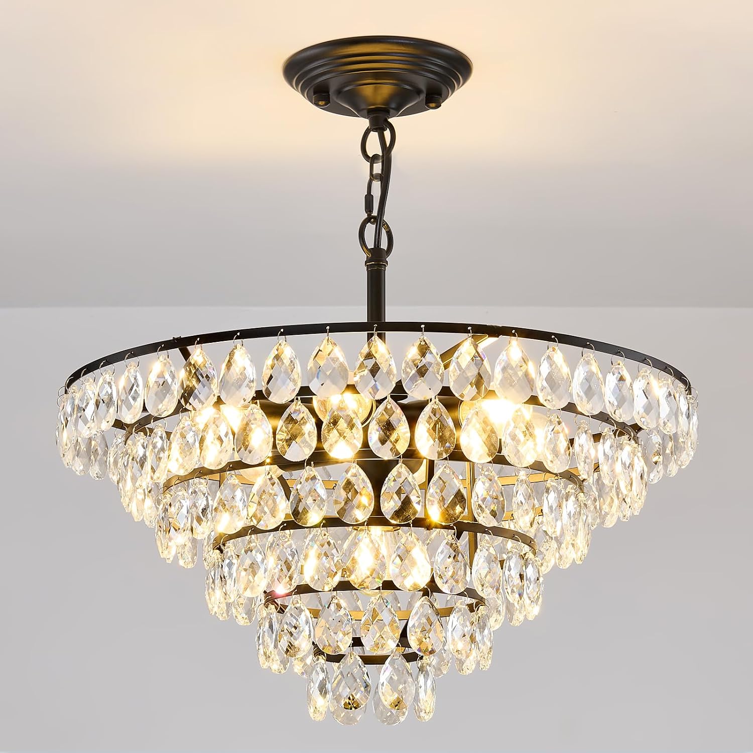 YYJLX Modern Crystal Chandelier 7 Light 20' Raindrop Black Ceiling Chandelier Adjustable Hanging Light Fixture for Dining Room Foyer Entryway Staircase Living Room
