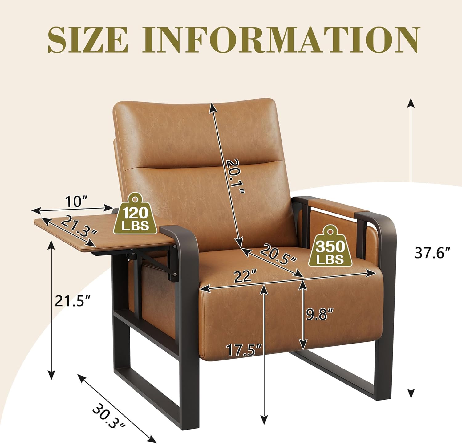 Modern Brown Accent Chair PU Leather Upholstered Armchair with Foldable Side Table for Bedroom Living Room Chairs Office Chair