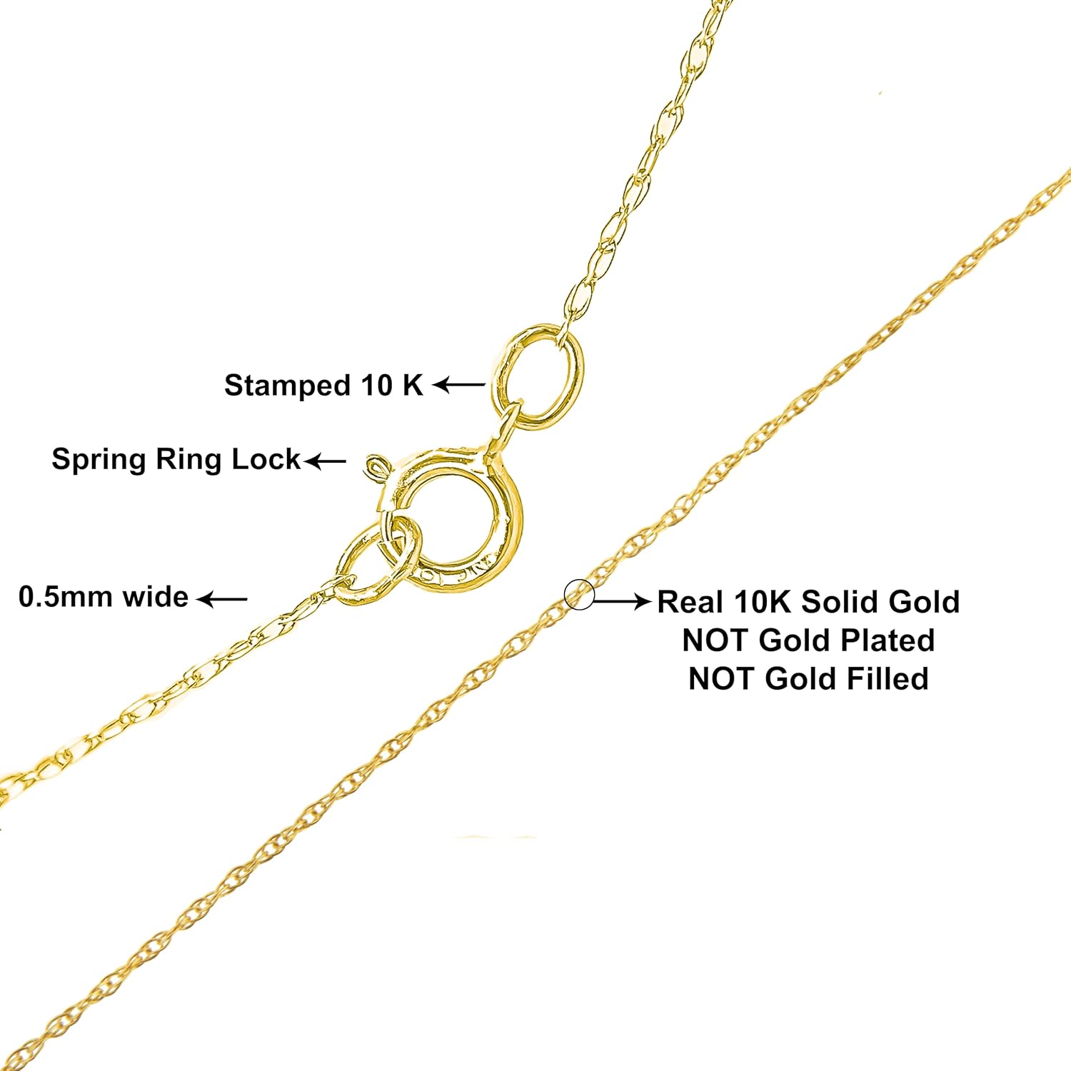 Solid 10K White, Rose or Yellow Gold 1/2 mm Slim and Dainty Rope Chain Necklace, Unisex Chain - Choice of Size and Color