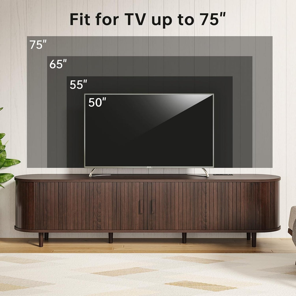MXV 70' Mid-Century Modern TV Consoles with Sliding Doors, TV Stand with Power Outlet, Fluted Entertainment Center with Adjustable Shelves, for Living Room