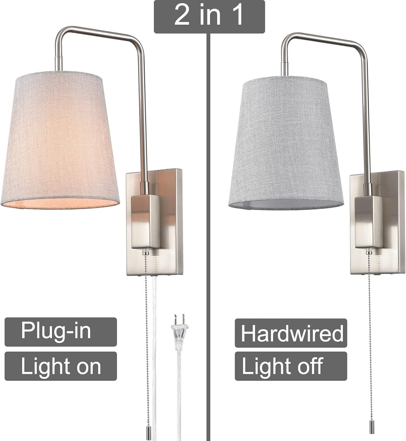 Adjustable Plug-in Wall Light with Switch - Metal Chrome E27 Reading Lamp with Fabric Shade - Classic Indoor Spotlight for Bedroom, Living Room, Hotel
