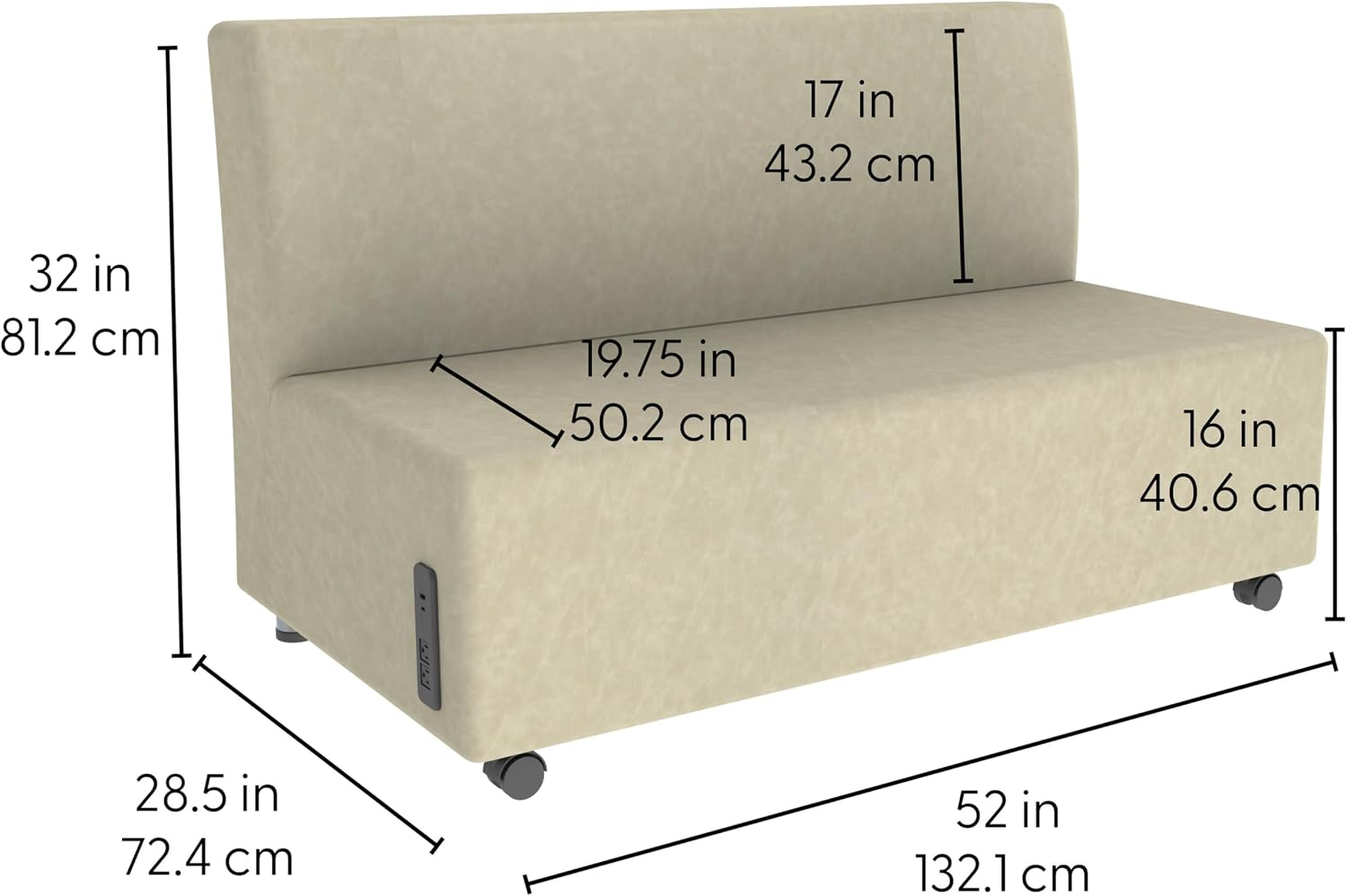 FDP Pro Series Rustic Armless Mobile Sofa with Tech Outlet and USB Charging Distressed Faux Leather, Hand Upholstered Commercial Furniture for Hotel Lobby, Office, Restaurant, Home - Pecan