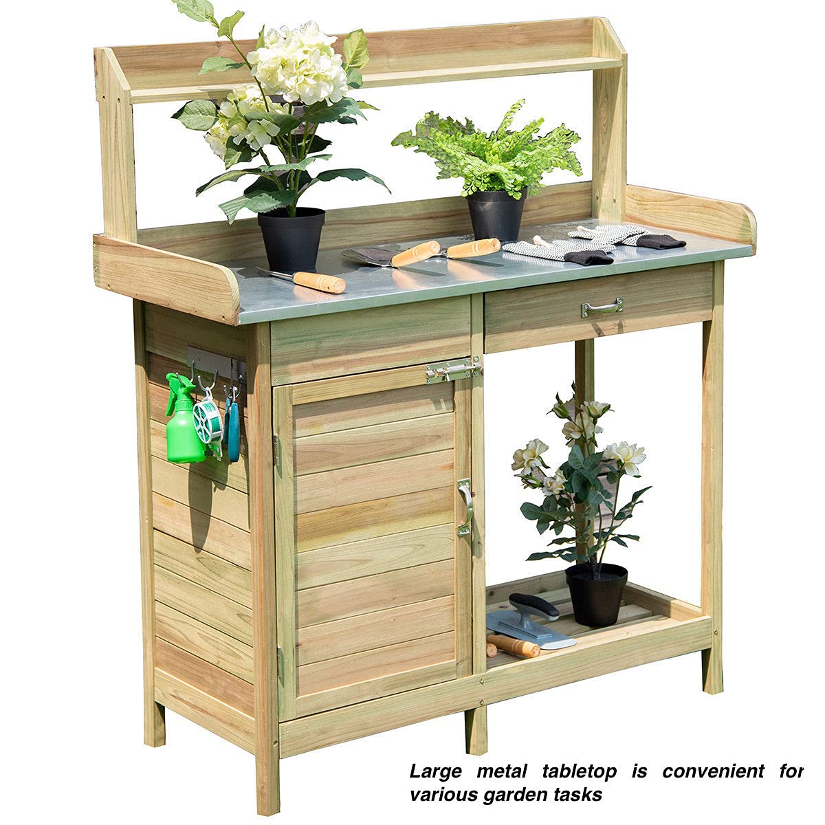 Natural Wooden Outdoor Planting Cabinet Garden Potting Bench Workbench Table Storage Cabinet Compartment Drawer Open Shelf 3 Side Hooks Metal Spacious Tabletop Gardening Supplies Tools Storage