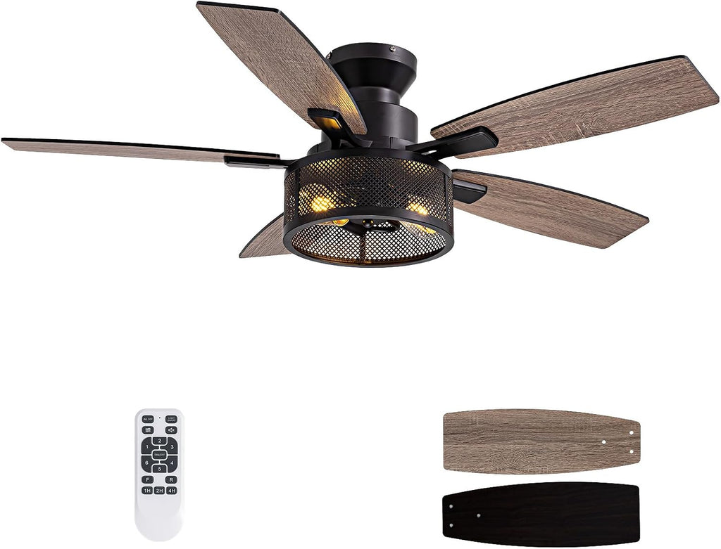 LuminFan Flush Mount Ceiling Fans with Lights and Remote Control, Low Profile Farmhouse Ceiling Fan with LED Lighting for Bedroom Living Room and Patio, Black Caged Ceiling Fan for Indoor and Outdoor