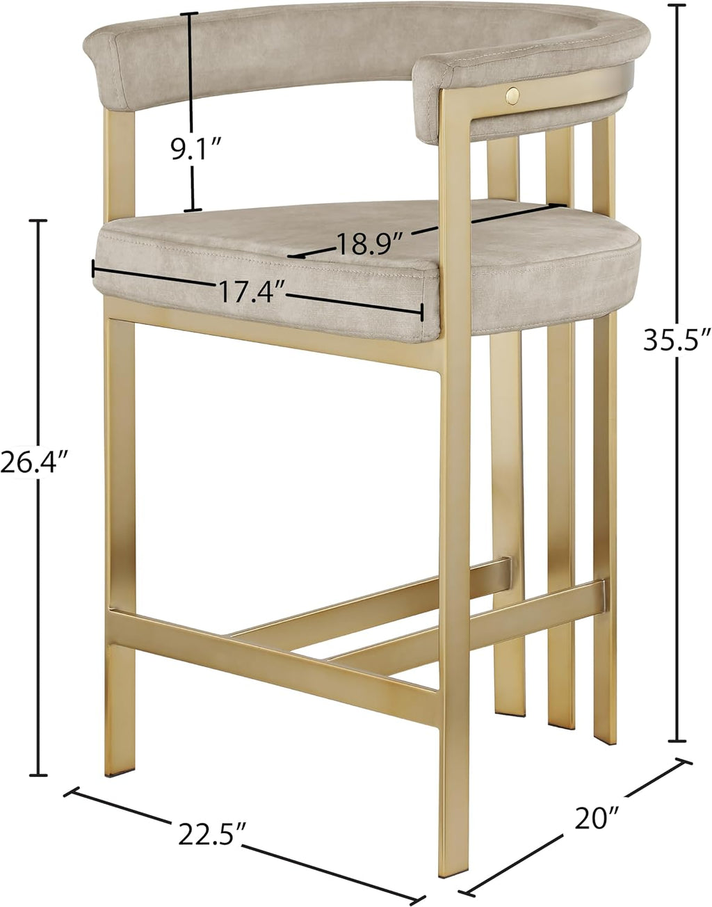 Meridian Furniture 596Stone-C Marcello Collection Modern | Contemporary Velvet Upholstered Counter Height Stool with Brushed Brass Iron Frame, 22.5' W x 20' D x 35.5' H, Stone, Set of 2