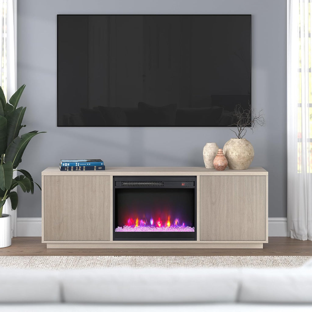 Henn&Hart Fluted TV Stand for TVs up to 75' with 26' Electric Crystal Rocks Fireplace and Ribbed Side Storage Cabinets for Living Room, Family Room, or Office, Beech White
