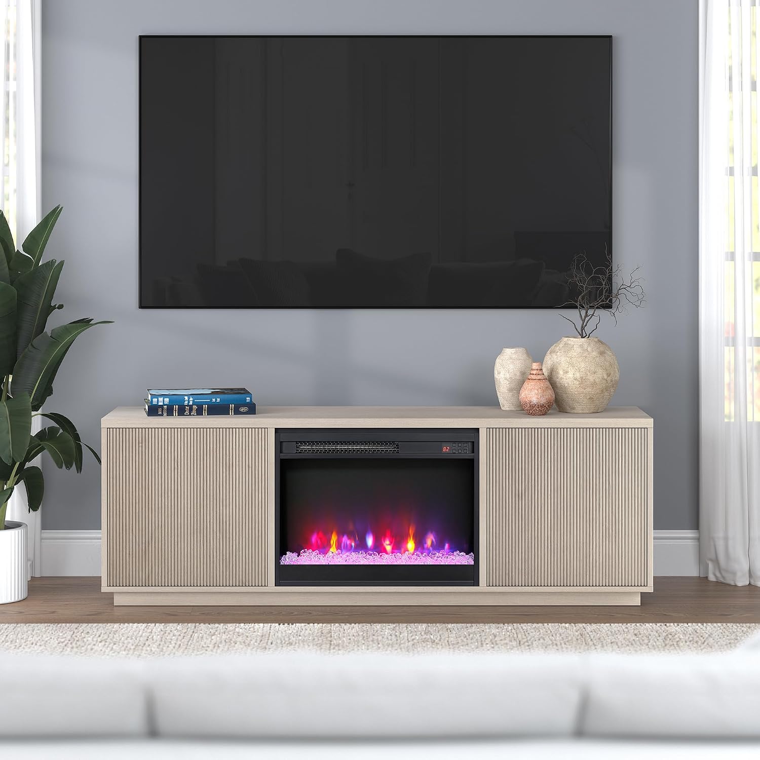 Henn&Hart Fluted TV Stand for TVs up to 75' with 26' Electric Crystal Rocks Fireplace and Ribbed Side Storage Cabinets for Living Room, Family Room, or Office, Beech White