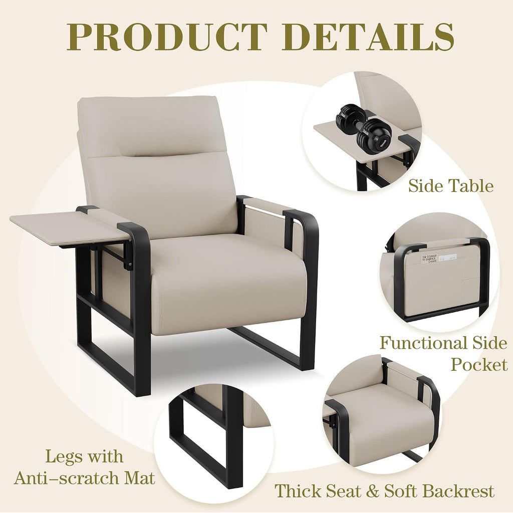 Modern Accent Chair PU Leather Upholstered Armchair with Tray Table for Bedroom Living Room Chairs Office Chair Beige