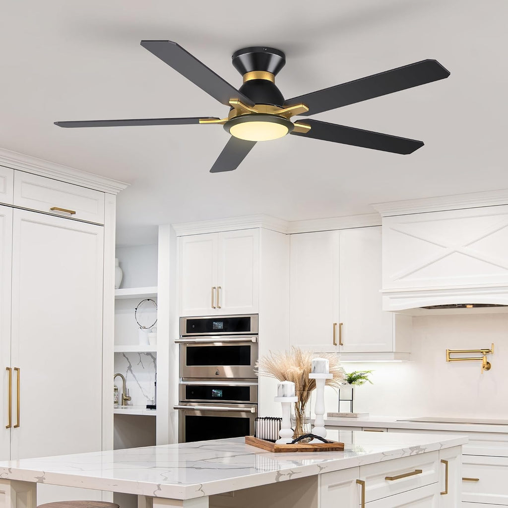 SMAAIR Smart Ceiling Fans with Lights, 52 Inch Low Profile Ceiling Fan with Remote/App/Voice Control via Alexa/Google Assistant/Siri, Flush Mount Modern Ceiling Fans for Bedroom, Reversible,Black/Gold