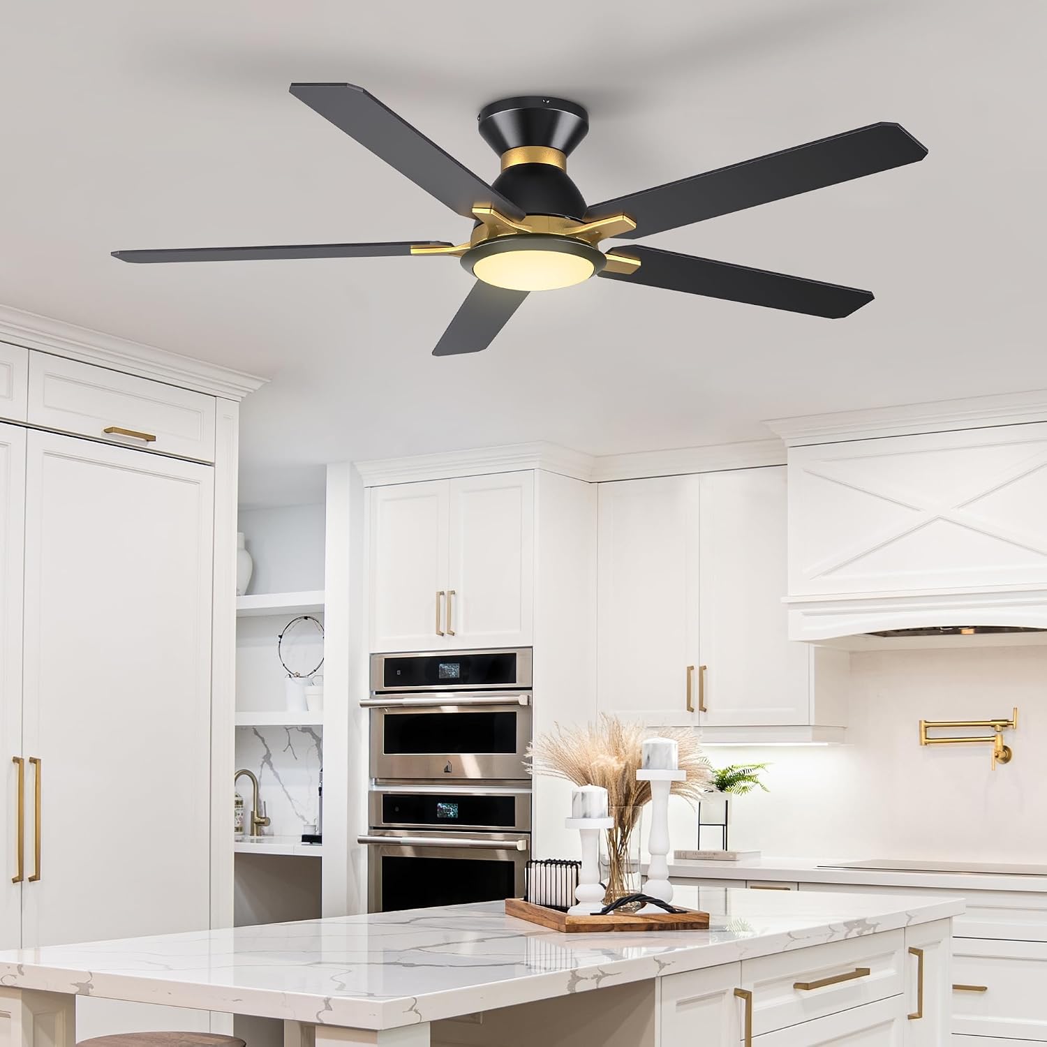 SMAAIR Smart Ceiling Fans with Lights, 52 Inch Low Profile Ceiling Fan with Remote/App/Voice Control via Alexa/Google Assistant/Siri, Flush Mount Modern Ceiling Fans for Bedroom, Reversible,Black/Gold