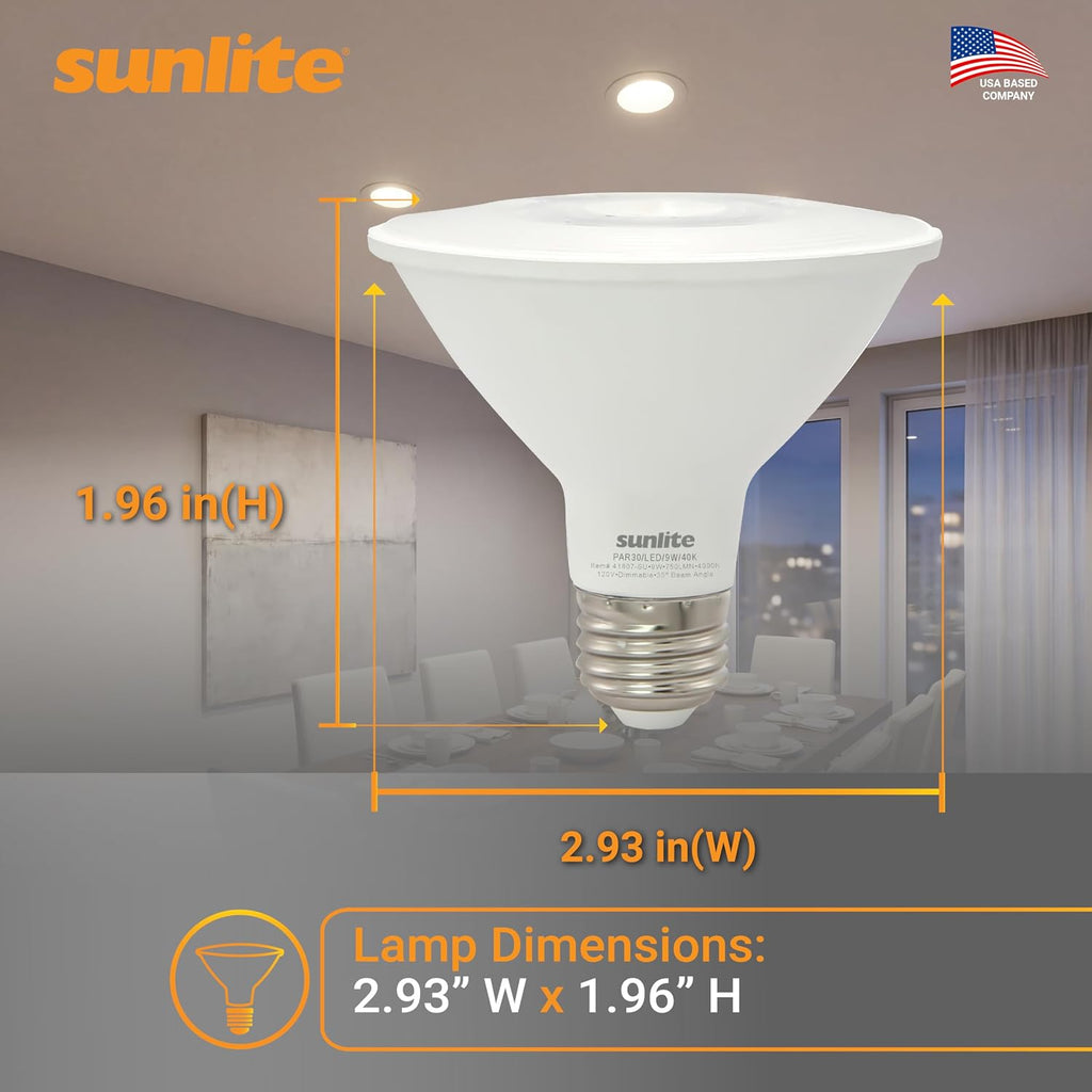Sunlite Reflector PAR30 LED Bulb, Spotlight, 9W (75W=), 750 Lmns, Medium E26 Base, 90 CRI, Dimmable, Decorative Track Lighting Use, ETL, Title-20 Compliant, Bulk, 24 Pack, 30K-Warm White