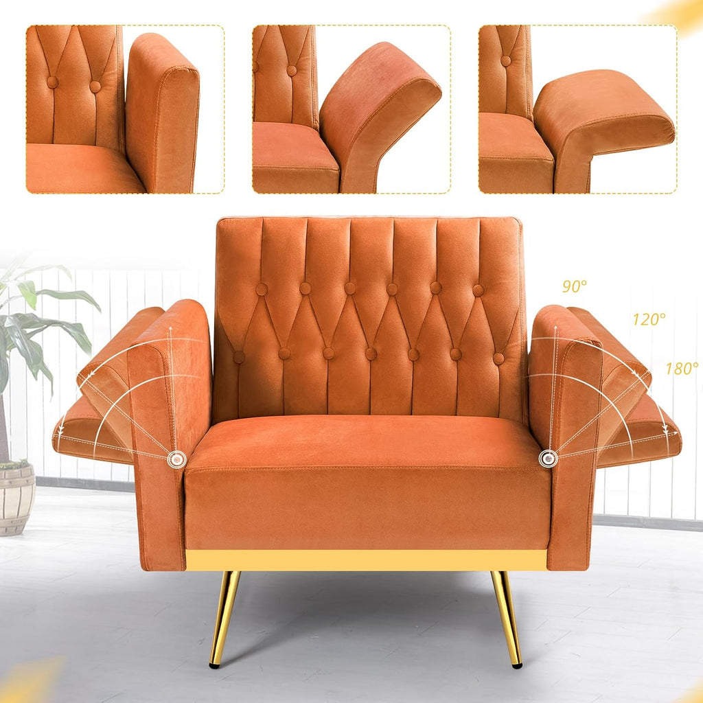 Velvet Accent Chair w/Adjustable Armrests and Backrest, Button Tufted Lounge Chair, Single Recliner Armchair with Ottoman and Pillow for Living Room, Bedroom,Orange