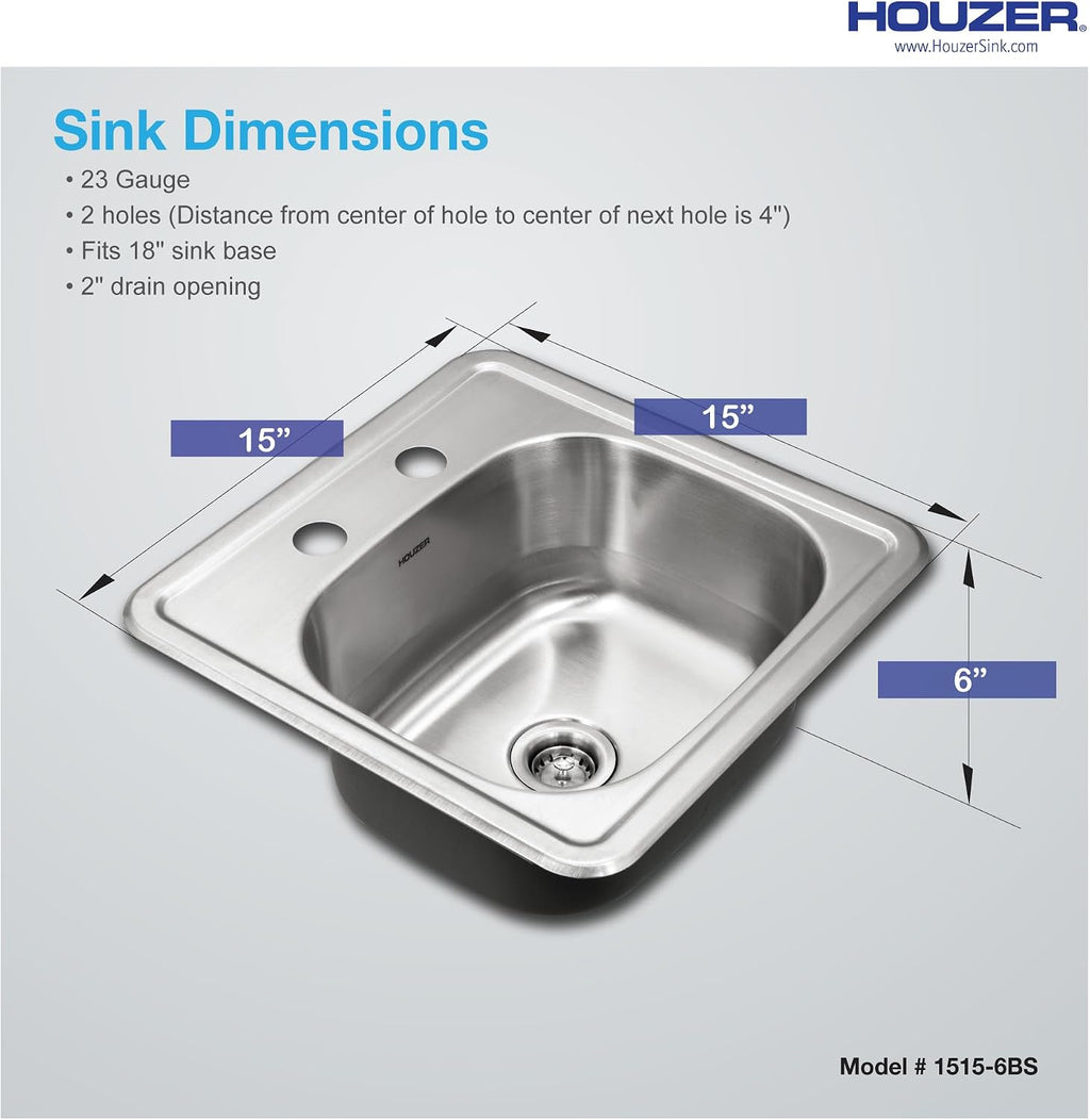 Houzer Hospitality Stainless Steel Kitchen Bar & Prep Sink - 18 Inch Drop-In Topmount Round Sink for Bar & Kitchen, Durable & Versatile, Nested 40-Pack - 1515-6BS-40