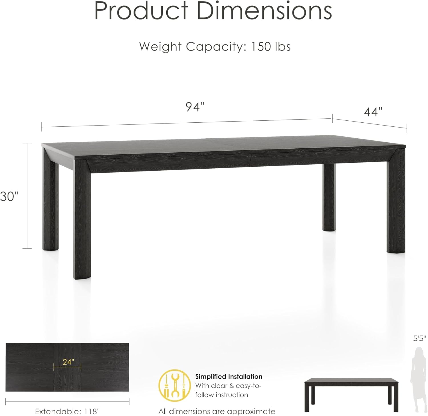 Furniture of America Dannen Modern Solid Wood 118-inch Extendable Dining Table with Leaf, Seats up to 10, Easy Assembly for Home, Kitchen, Living Room, Weathered Black