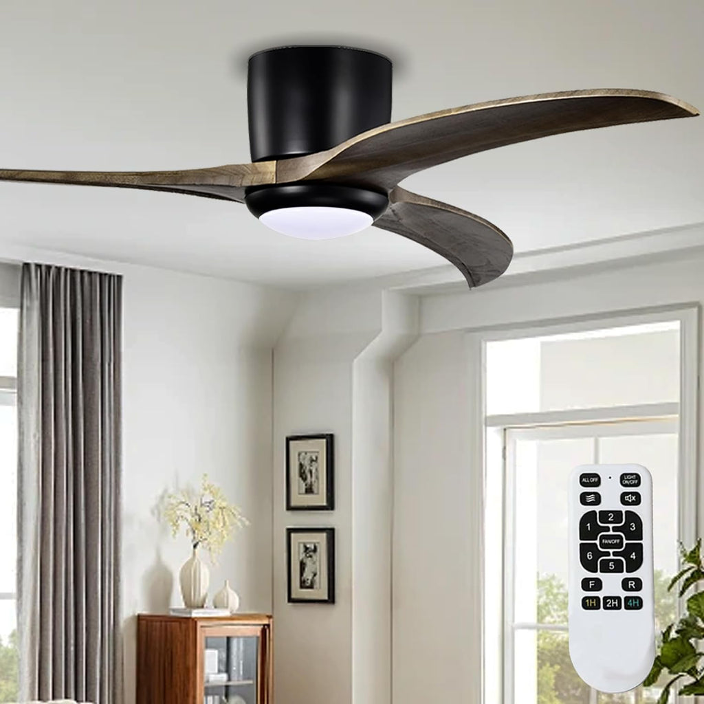 52'' Modern Dimmable Chandelier Fan with Light, Low Profile Flush Mount Ceiling Fan Wooden Fandelier with Remote Reversible DC Motor Ceiling Fan for Bedroom Living Room (Black)