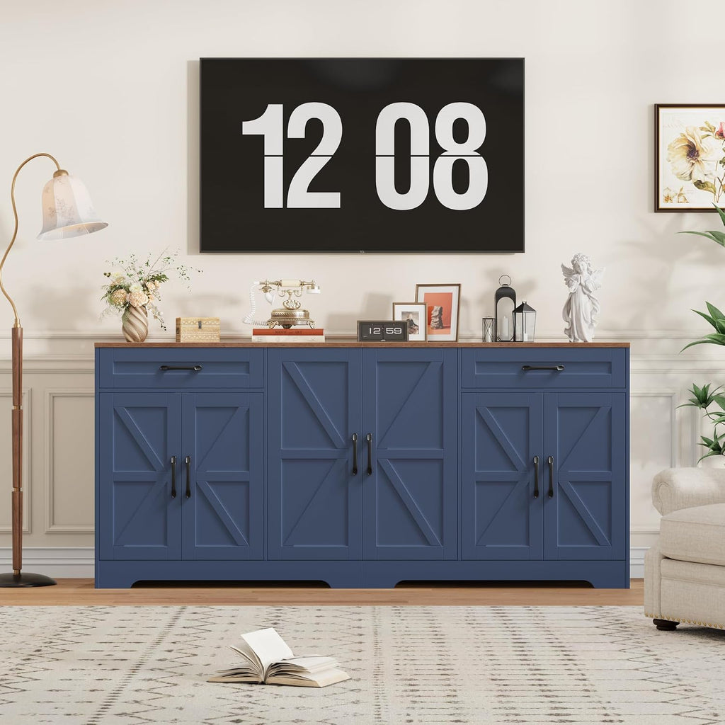 71' Large Sideboard Buffet Cabinet with Storage, Farmhouse Kitchen Buffet Cabinet with Adjustable Shelves and 6 Barn Doors, Wood Coffee Wine Bar Console Table for Kitchen, Dining Room, Navy Blue