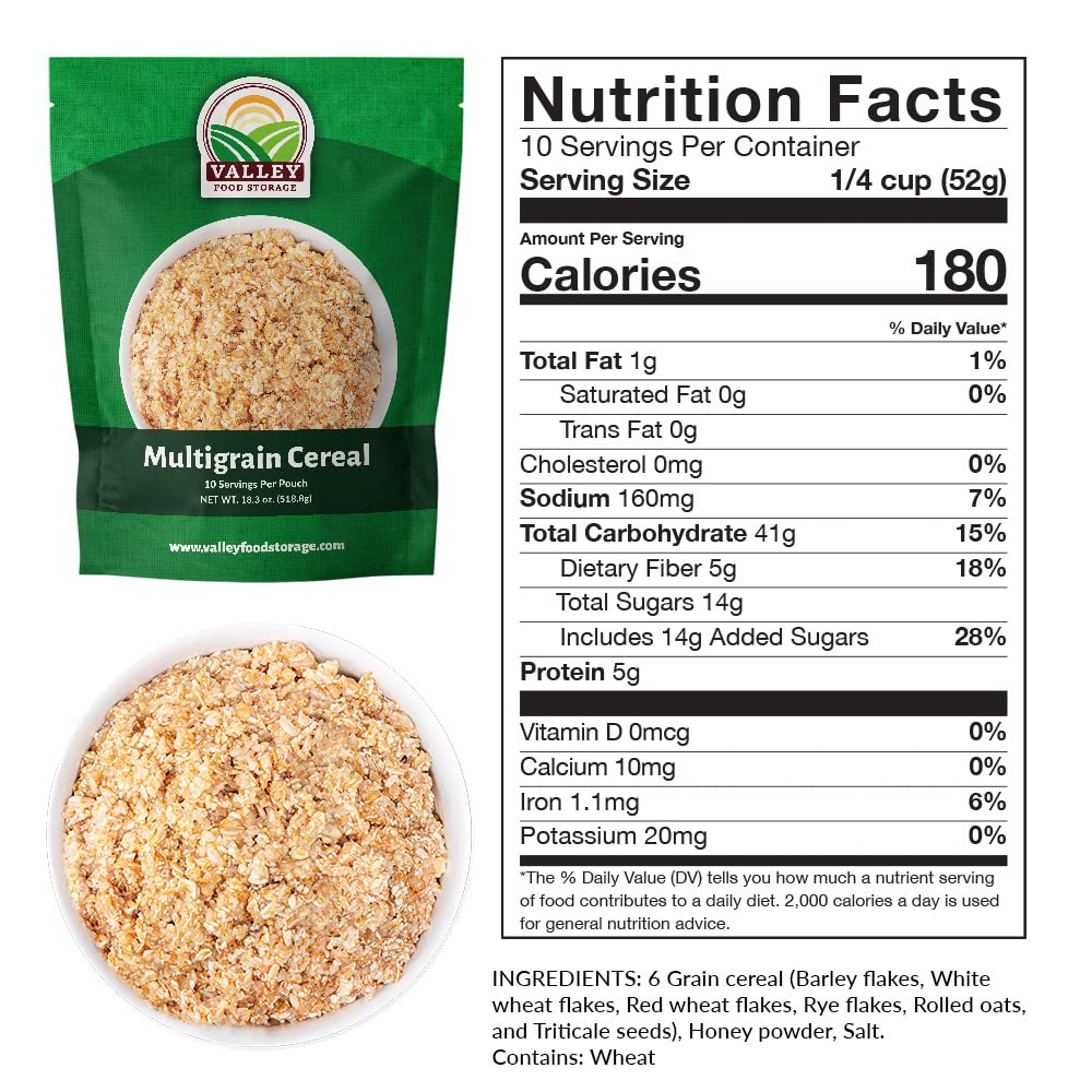 Valley Food Storage Multigrain Dried Cereal | 10-Bag Bucket, 100 Servings | Premium Emergency Food Supply, 25 Year Shelf Life | Survival Breakfast Food for Camping, Prepper Storage & Off-Grid Living