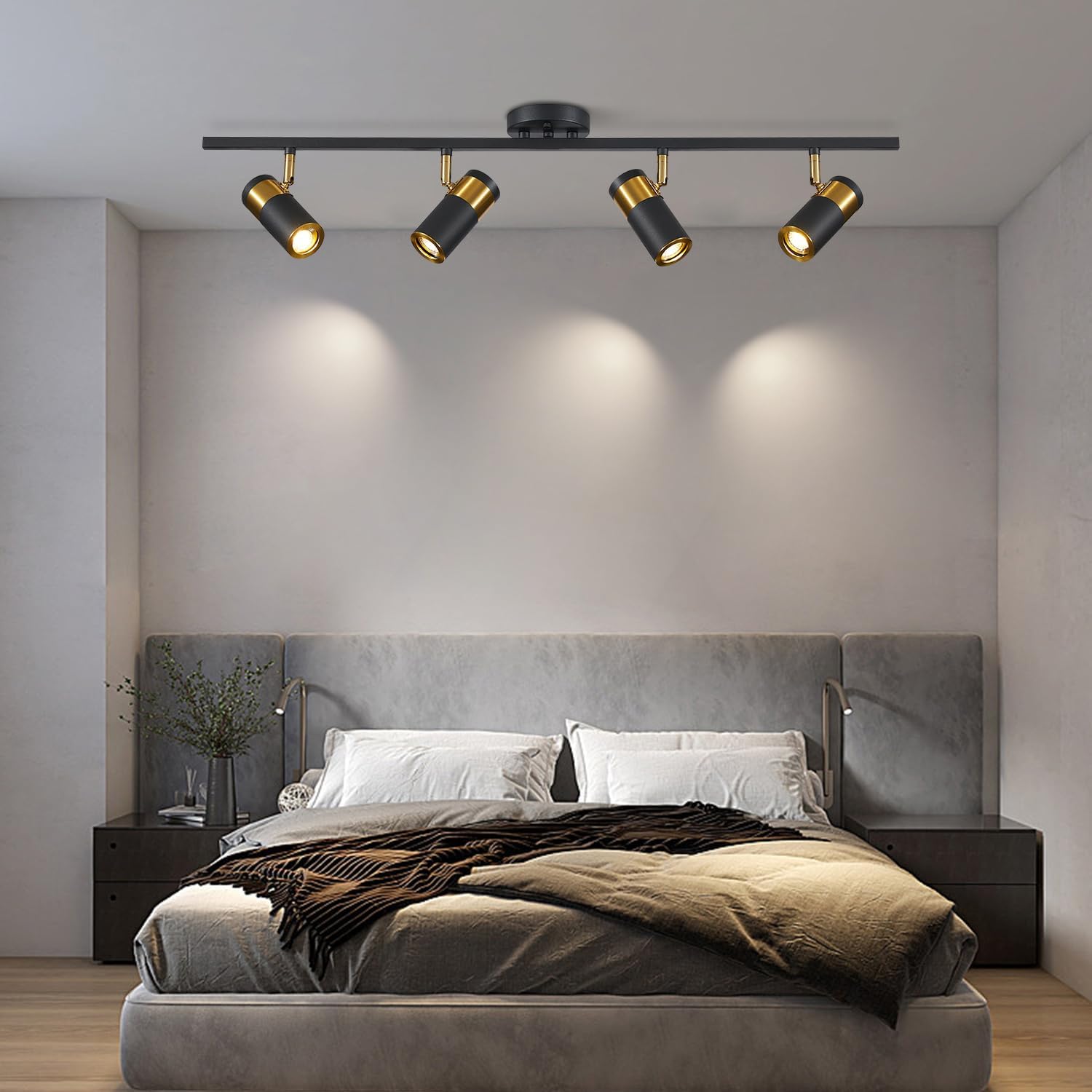 Matte Black Track Lighting Kit Mid Century Vintage Adjustable Kitchen Track Lighting Fixtures Modern Indoor Ceiling Mount Linear Spotlight Fixture Flexibly Rotatable Light Head GU10 MCL05-4 BK