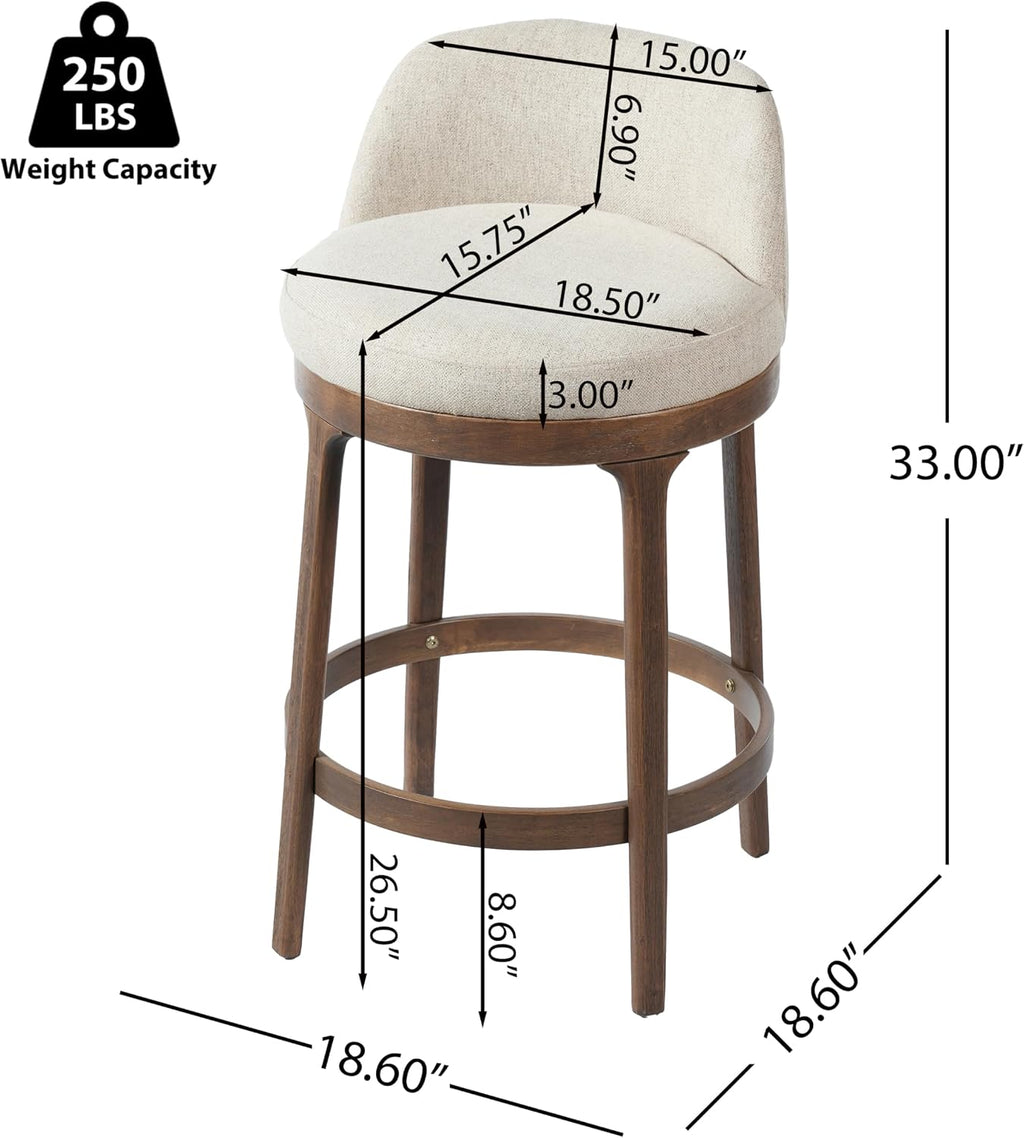 Christopher Knight Home Linhill 26.5' H Bar Stools Set of 4, Indoor Wooden Counter Stools with Round Upholstered Seat, Kitchen Stools, Rubberwood Frame with Footrest for Dining Island, Beige + Walnut