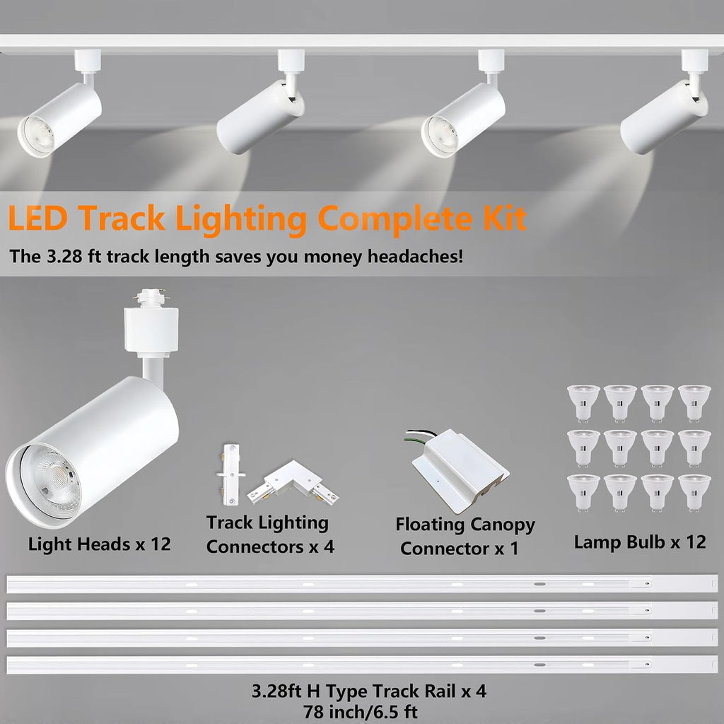 Plug in 3CCT White Track Lighting Complete Kit with 4*3.28FT H Track Light Rails and 120V 12x10W GU10 Track Lighting Heads Brightness Dimmable Ceiling Spotlight Fixture for Accent Lighting