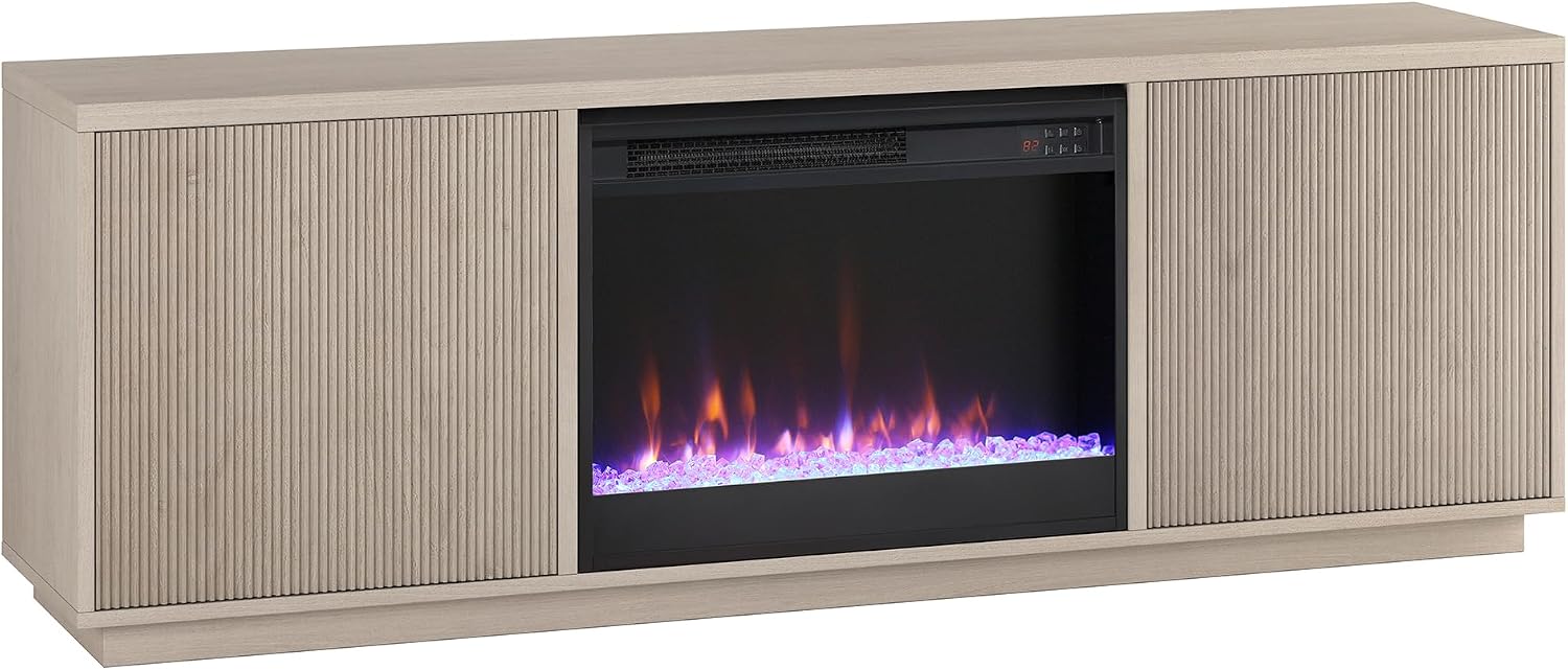 Henn&Hart Fluted TV Stand for TVs up to 75' with 26' Electric Crystal Rocks Fireplace and Ribbed Side Storage Cabinets for Living Room, Family Room, or Office, Beech White