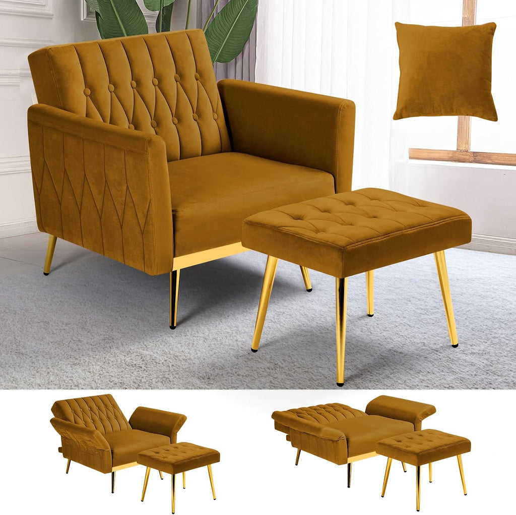 Velvet Accent Chair with Adjustable Armrests and Backrest, Button Tufted Lounge Chair, Single Recliner Armchair with Ottoman and Pillow for Living Room, Bedroom, Ginger