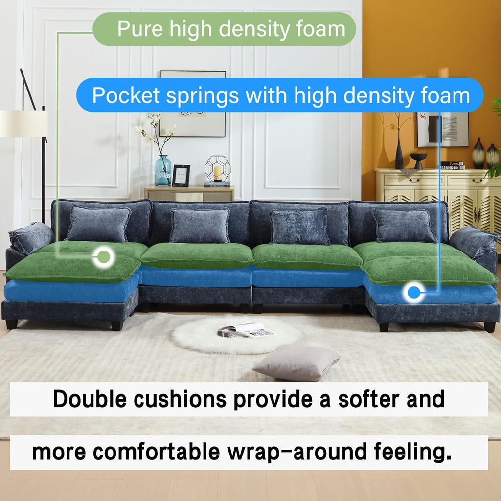 Oprisen 154' Modular Sectional Sofa, Comfy Cloud Couch Sectional Sofa with Ottoman, Chenille Sofa Sleeper Deep Seat Sofa with Throw Pillows for Living Room (Blue, 154'- U Shape)