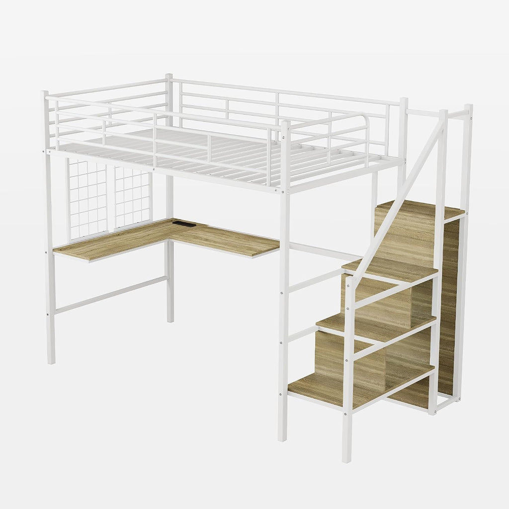 Twin Size Metal Loft Bed with L-Shaped Desk & Storage Wardrobe, Heavy Duty Bed Frame w/Reversible Stairs (Built-in Storage) + USB Port, Space-Saving Noise-Free, No Box Spring Needed