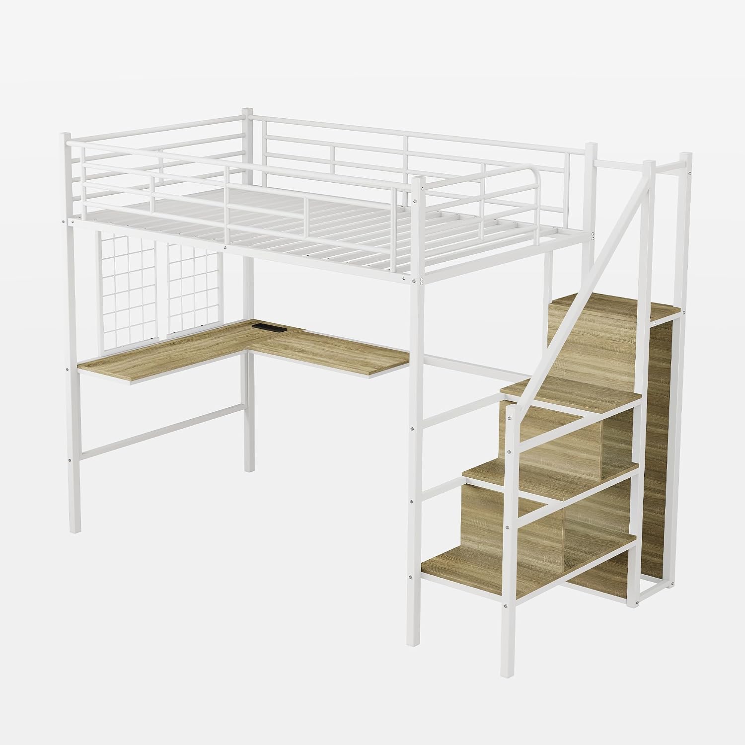 Twin Size Metal Loft Bed with L-Shaped Desk & Storage Wardrobe, Heavy Duty Bed Frame w/Reversible Stairs (Built-in Storage) + USB Port, Space-Saving Noise-Free, No Box Spring Needed